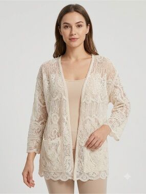 Lace Open-Front Ivory Kimono Cardigan Jacket